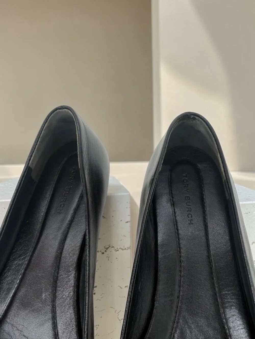 Tory Burch Black Leather Square Logo Plating Ballerina Flats 9